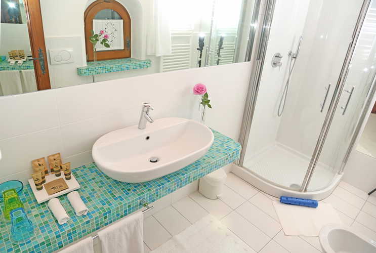 Mosaic countertop in the Arch room bathroom