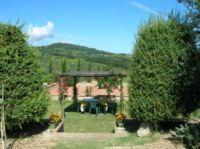 Agriturismo Casa dei Girasoli - Il tavolo con sedie all'ombra del rustico gazebo, per mangiare con vista sulle colline toscane