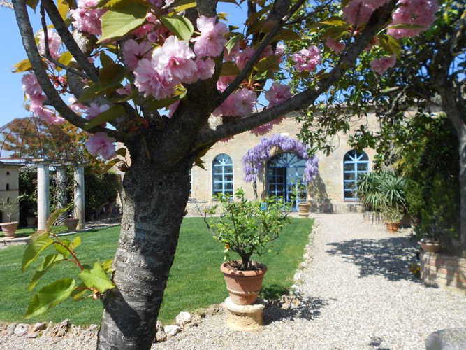 Il giardino storico con gli alberi in fiore che circonda la villa