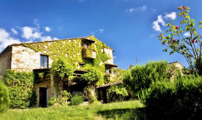 Edificio toscano ristrutturato con cespugli di rosmarino e lavanda