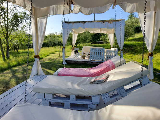 Well maintained gardens with a view of the olive groves